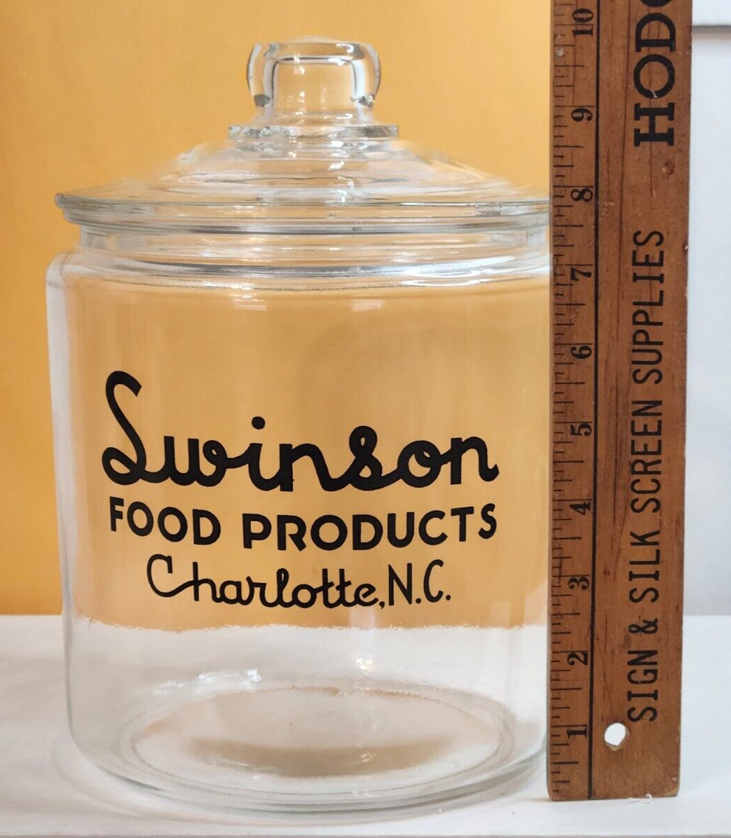 Vintage Swinson Food Products Glass Counter Jar Charlotte NC 8" Tall 10" w/Lid