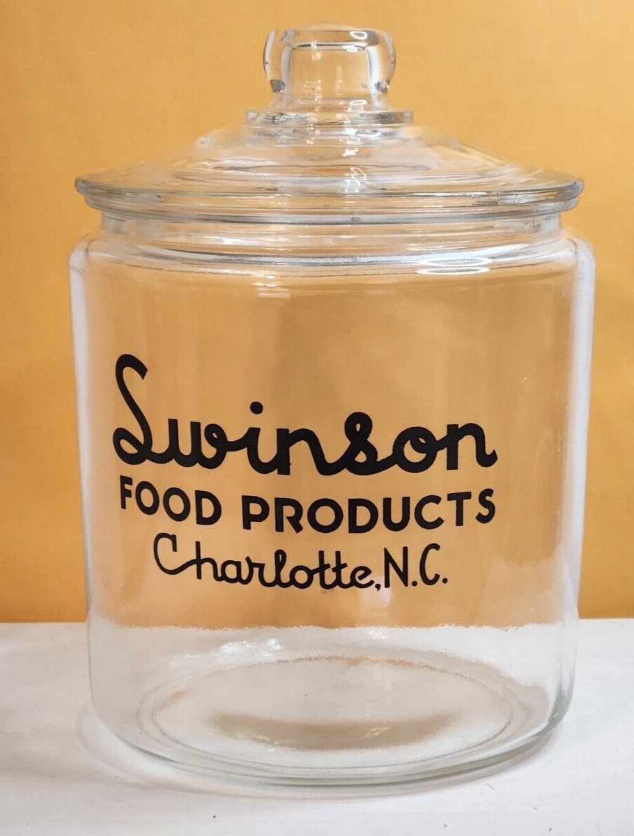 Vintage Swinson Food Products Glass Counter Jar Charlotte NC 8" Tall 10" w/Lid