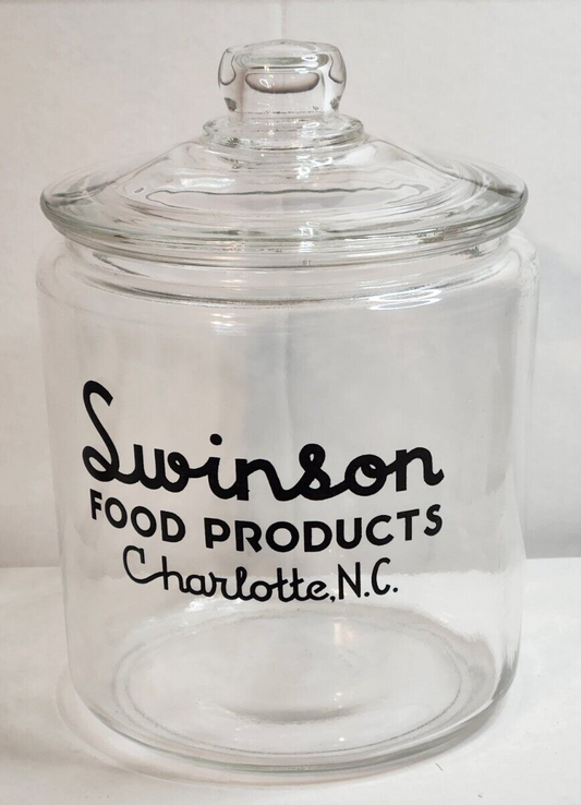 Vintage Swinson Food Products Glass Counter Jar Charlotte NC 8" Tall 10" w/Lid
