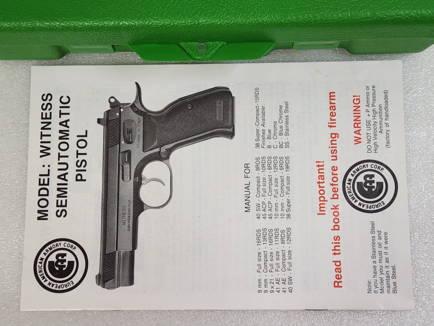 EAA Witness 9mm Automatic Pistol Box Gun Manual Original Series